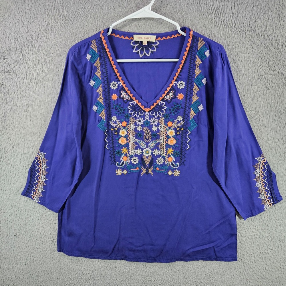 Solitaire Womens Purple Embroidered Boho Peasant Blouse 3/4 Sleeve Top Small